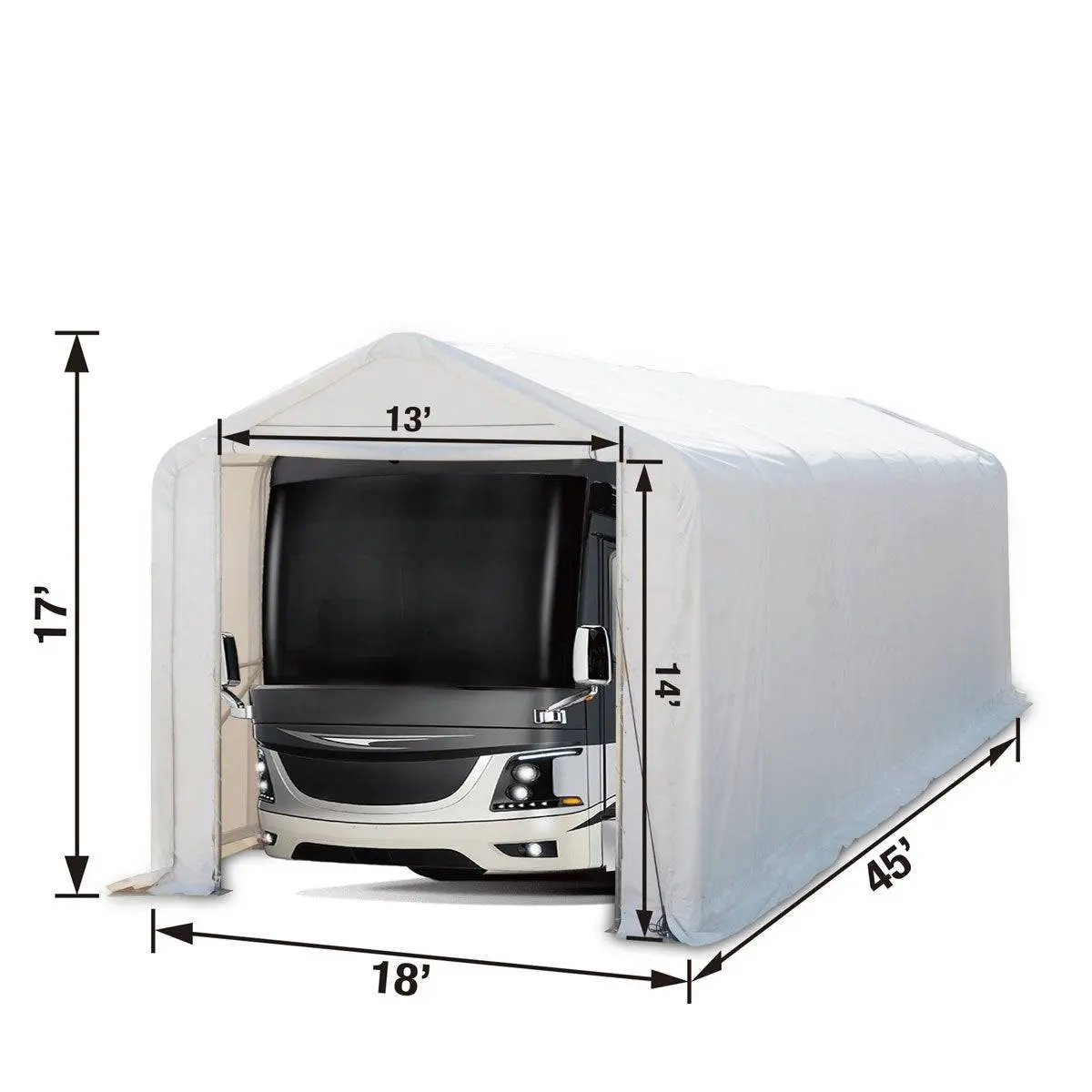 18' x 45' RV Carport Motorhome Storage Shelter, 17 oz PVC Fabric Cover, Front Roll-Up Door, Enclosed Rear Wall, 3-Layer Galvanized Steel Frame, 13' Straight Sidewalls, TMG-ST1845 - Image 6