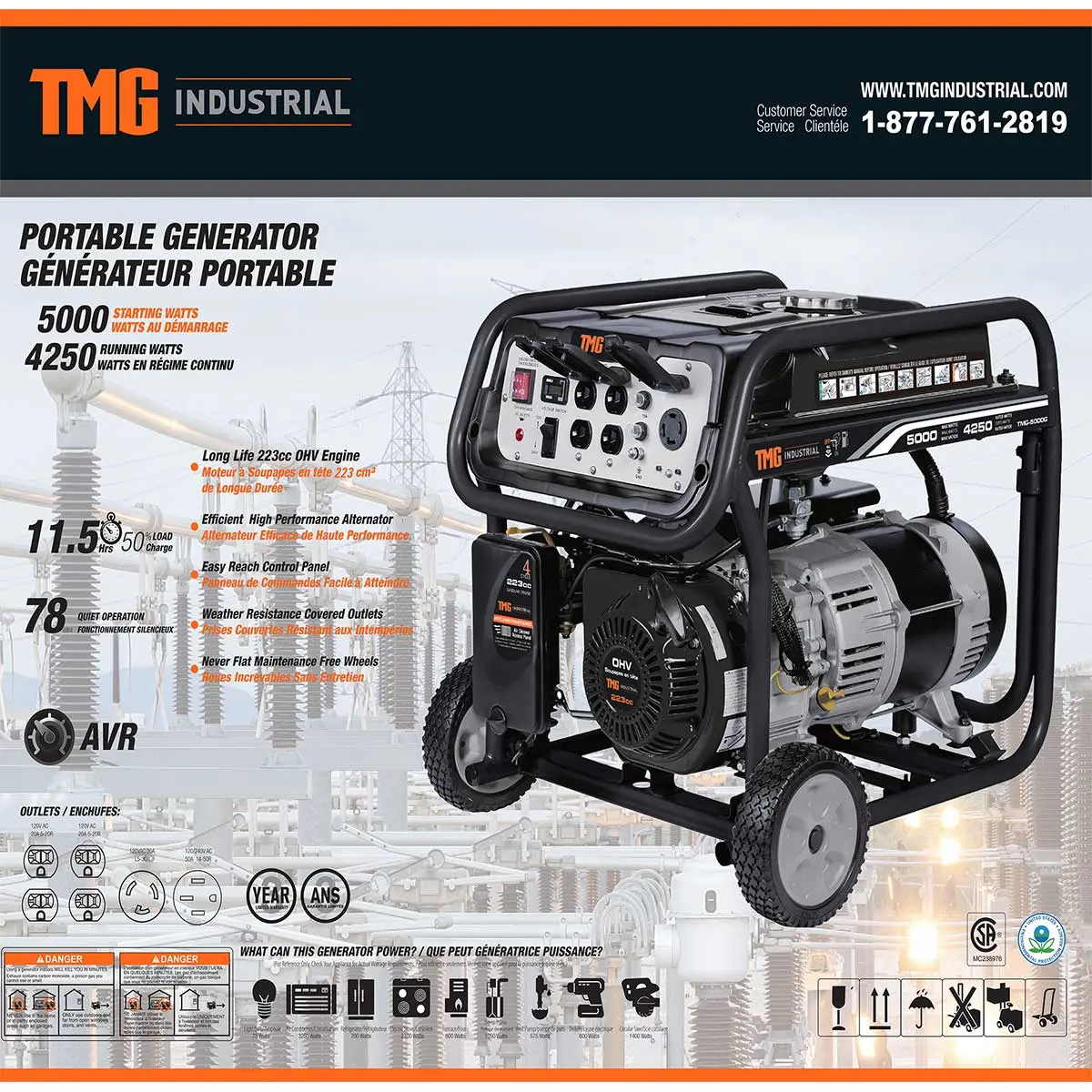 TMG-5000G 5000-Watt Gasoline Generator, 223cc OHV Engine, 11.5 Running Time, 120/240VAC - Image 6
