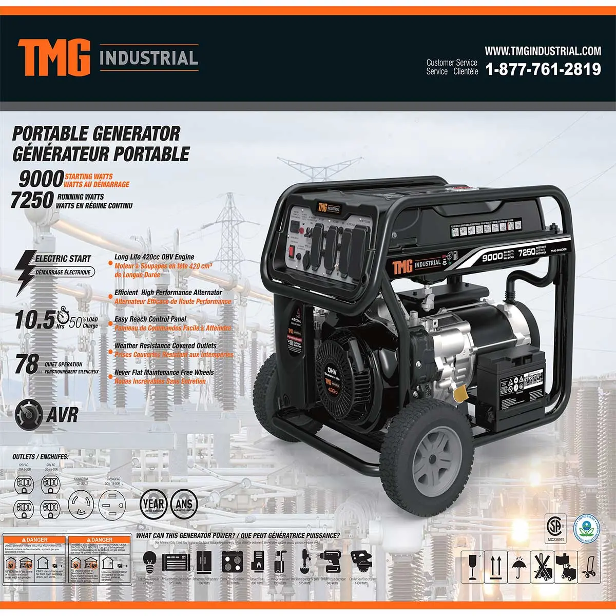 TMG-9000GE 9000-Watt Gasoline Generator, Electric Start, 10.5 Hour Run Time, 120/240VAC - Image 5
