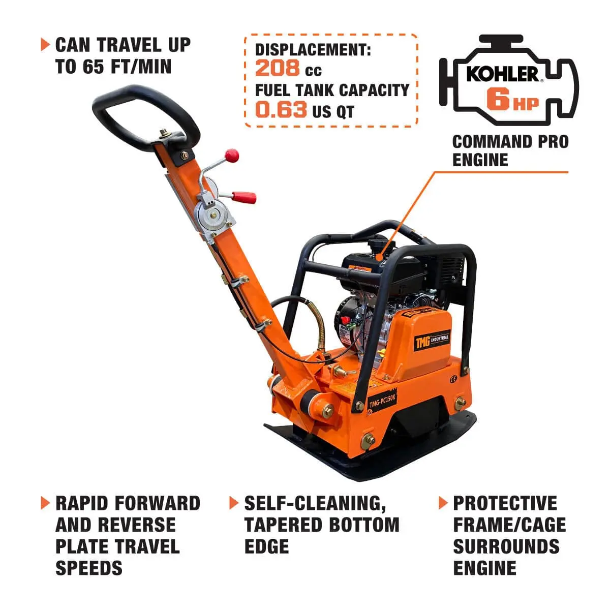 5600-lb Reversible Vibratory Plate Compactor, 6 HP Kohler Command Pro Engine TMG-PC150K - Image 3