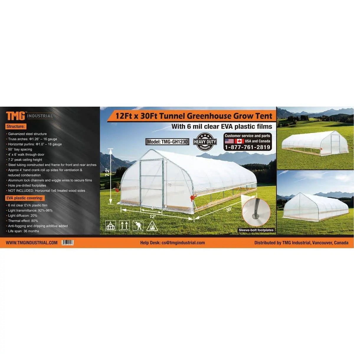 12' x 30' Tunnel Greenhouse Grow Tent w/6 Mil Clear EVA Plastic Film, Cold Frame, Hand Crank Roll-Up Sides, Peak Ceiling Roof, TMG-GH1230 - Image 14