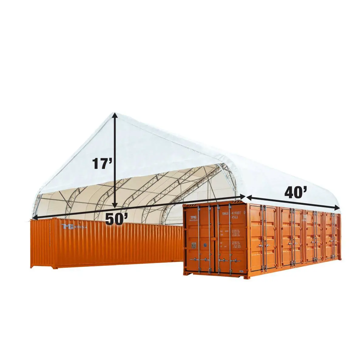 50' x 40' Dual Truss Container Shelter with Heavy Duty 32 oz PVC Cover, Enclosed End Wall and Front Drop, TMG-DT5040CF-PRO - Image 6