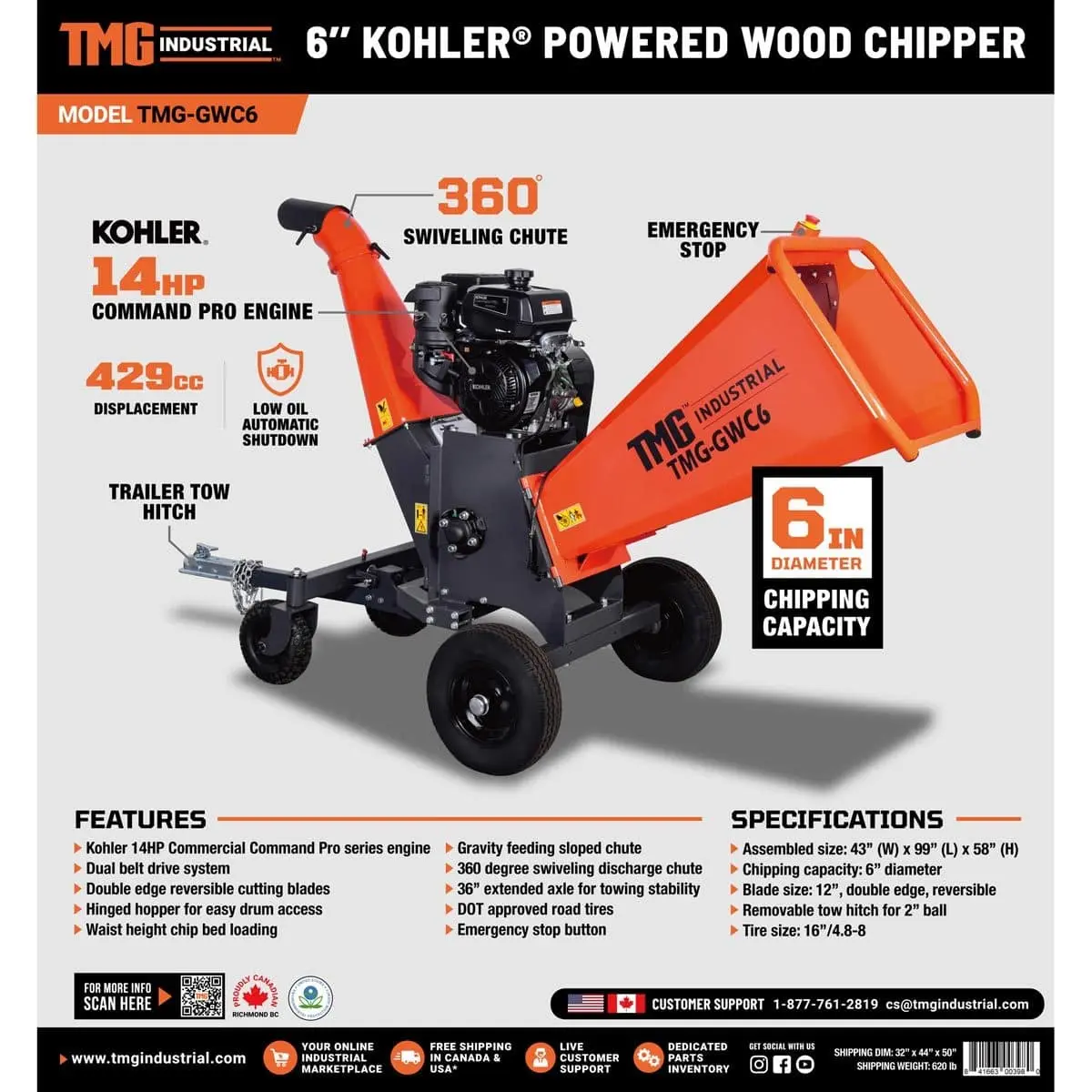 6" Wood Chipper with Kohler 14 HP Gas Engine, 2" Hitch Tow-Behind TMG-GWC6 - Image 13