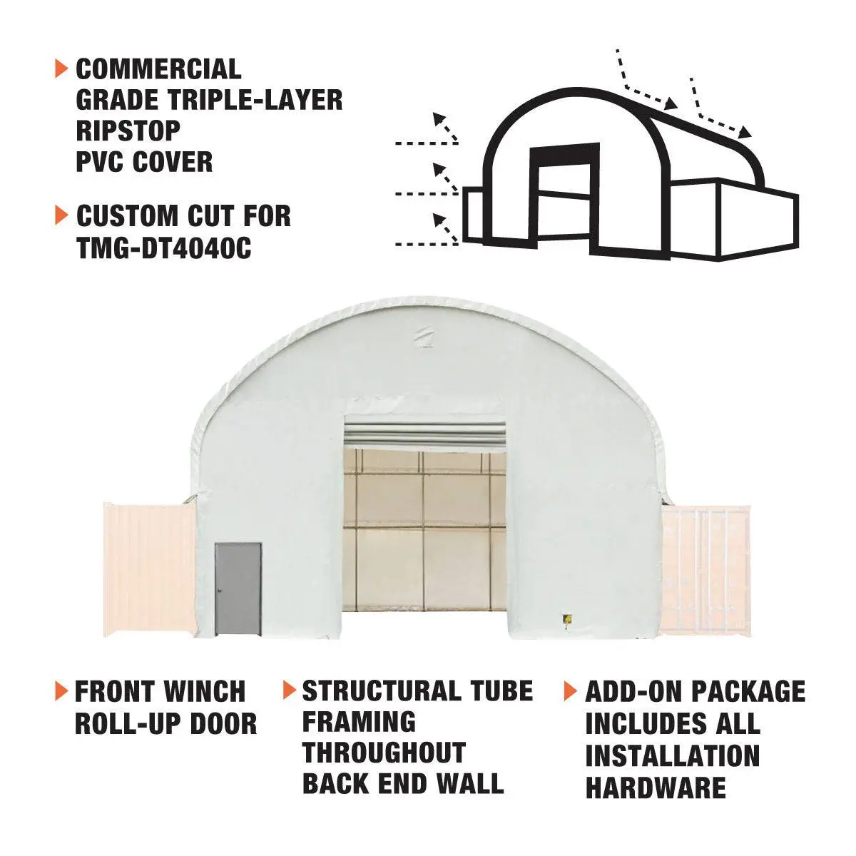 Front & Back End Wall Kit, Custom Cut for TMG-DT4041C Dual Truss Container Shelter, Front Winch Roll-up Door, Steel Man Door, 21 oz PVC, TMG-DT40CFB - Image 3
